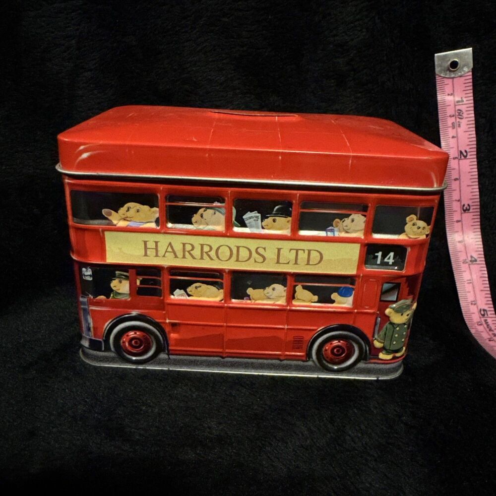 Vintage 2000s Harrods Double Decker Bus Money Box Collectors Tin Dolly Mix